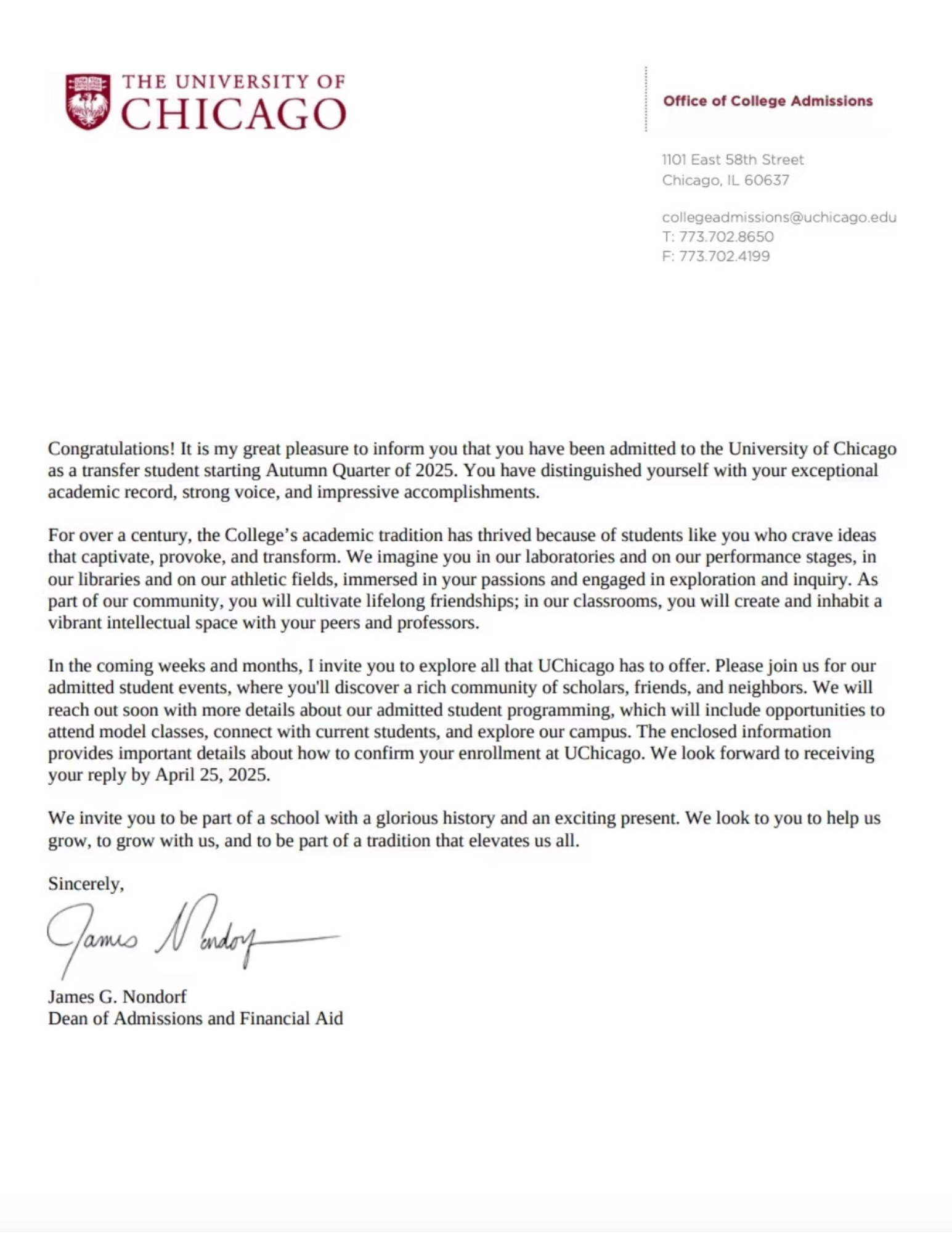 University of Chicago offer letter
