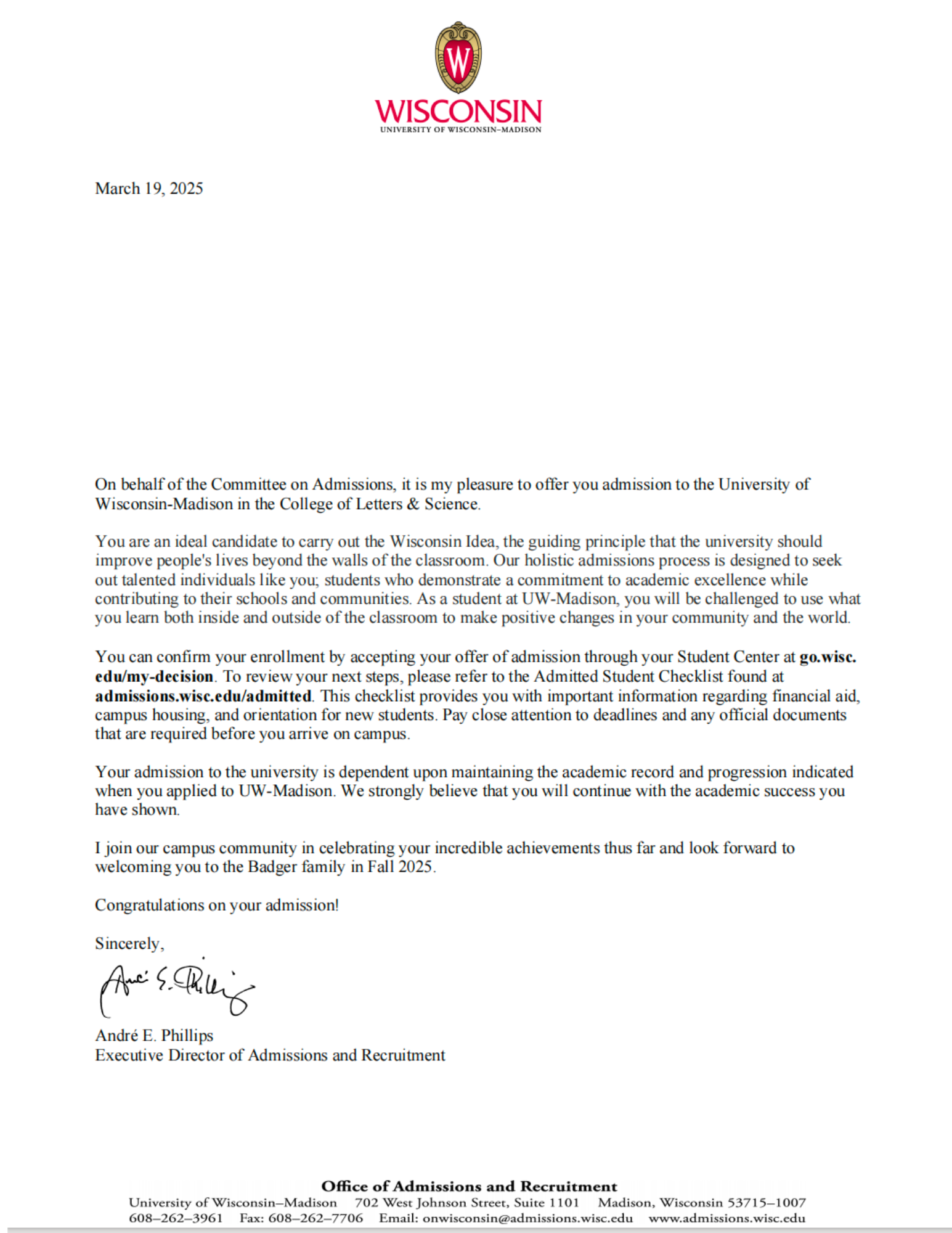 Carnegie Mellon University offer letter
